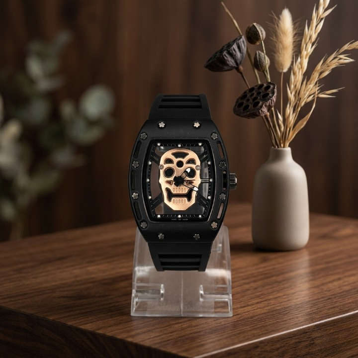 Luxury Non-Waterproof Skull Skeleton Concept Watch – Bold Tonneau Case with Sporty Silicone Strap (Without Box) - Black